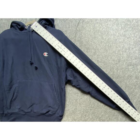 Champion Reverse Weave Hoodie Mens Medium Navy Blue Pullover Sweatshirt GF68 - Picture 5 of 10